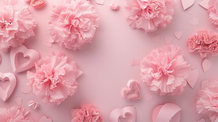 Show your appreciation this Mothers Day with a stunning postcard arrangement featuring pink carnations and heartshaped papers on a pastel pink background : Generative AI