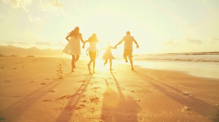 Happy family having fun running on a sandy beach at sunset time Active parents and people father mother children son and daughter holding hands together walking on beach tropical summe : Generative AI