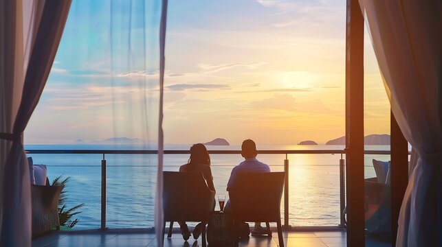 Balcony or terrace in a sea view room in hotel resort or villa Couple on vacation Luxury summer holiday on exotic tropical island or Mediterranean city People enjoying relaxing family  : Generative AI