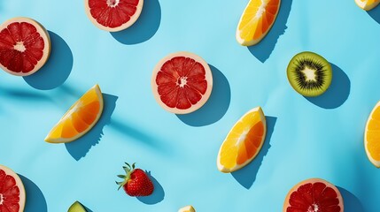 Trendy sunlight Summer pattern made with various summer food on bright light blue background Minimal summer food concept : Generative AI