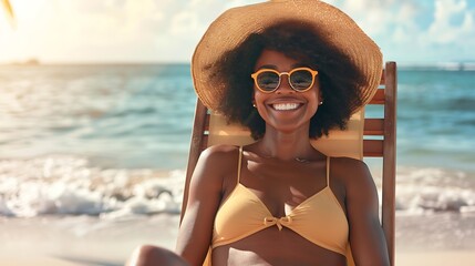 Portrait of happy african american woman sunbathing on wooden deck chair at tropical beach while looking at camera Smiling black girl enjoying vacation at seaside with copy space Woman : Generative AI