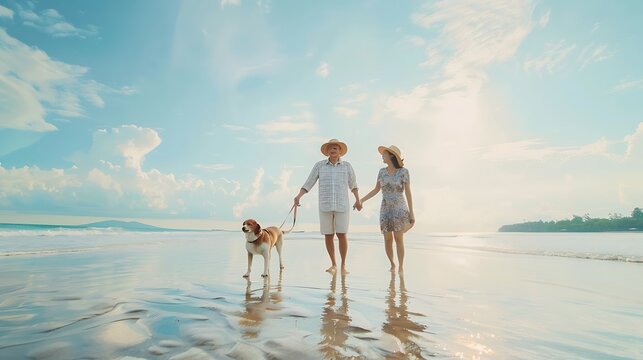 Happy couple holding hands and at the beach with a dog in summer for retirement travel in Indonesia Smile playful and an elderly man and woman on a walk at the sea with a pet for play  : Generative AI