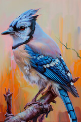 Blue jay Watercolor Painting.  Generated Image.  A digital illustration of a watercolor painting of a blue jay sitting in a peaceful scene. - obrazy, fototapety, plakaty