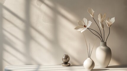 White vases holding flowers arranged on a table placed in front of a window