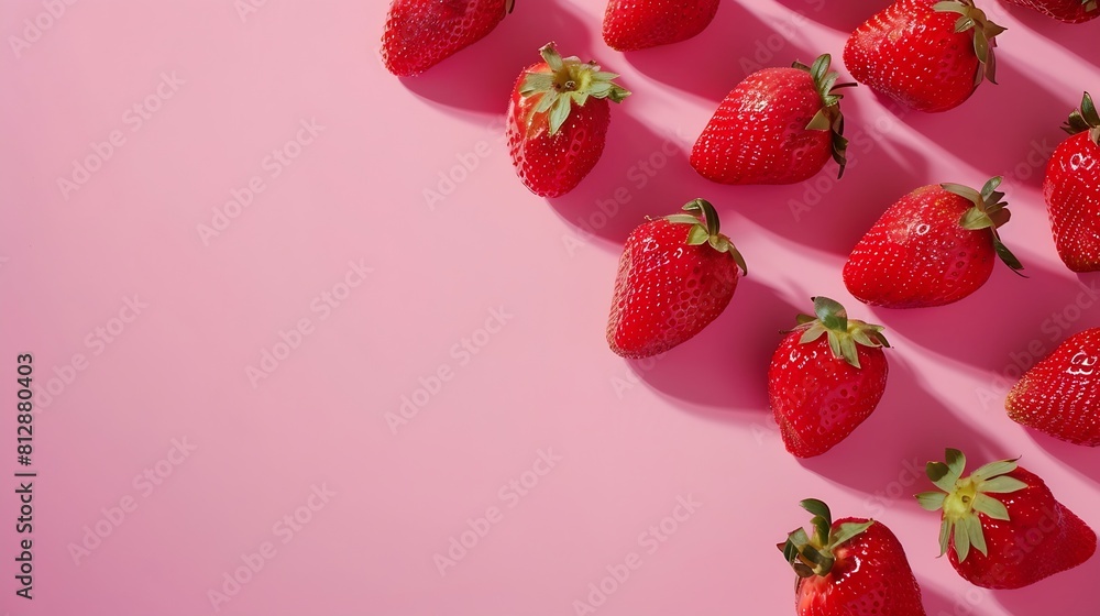 Poster Top above overhead view sideways photo of strawberries isolated on pink background with empty blank space : Generative AI