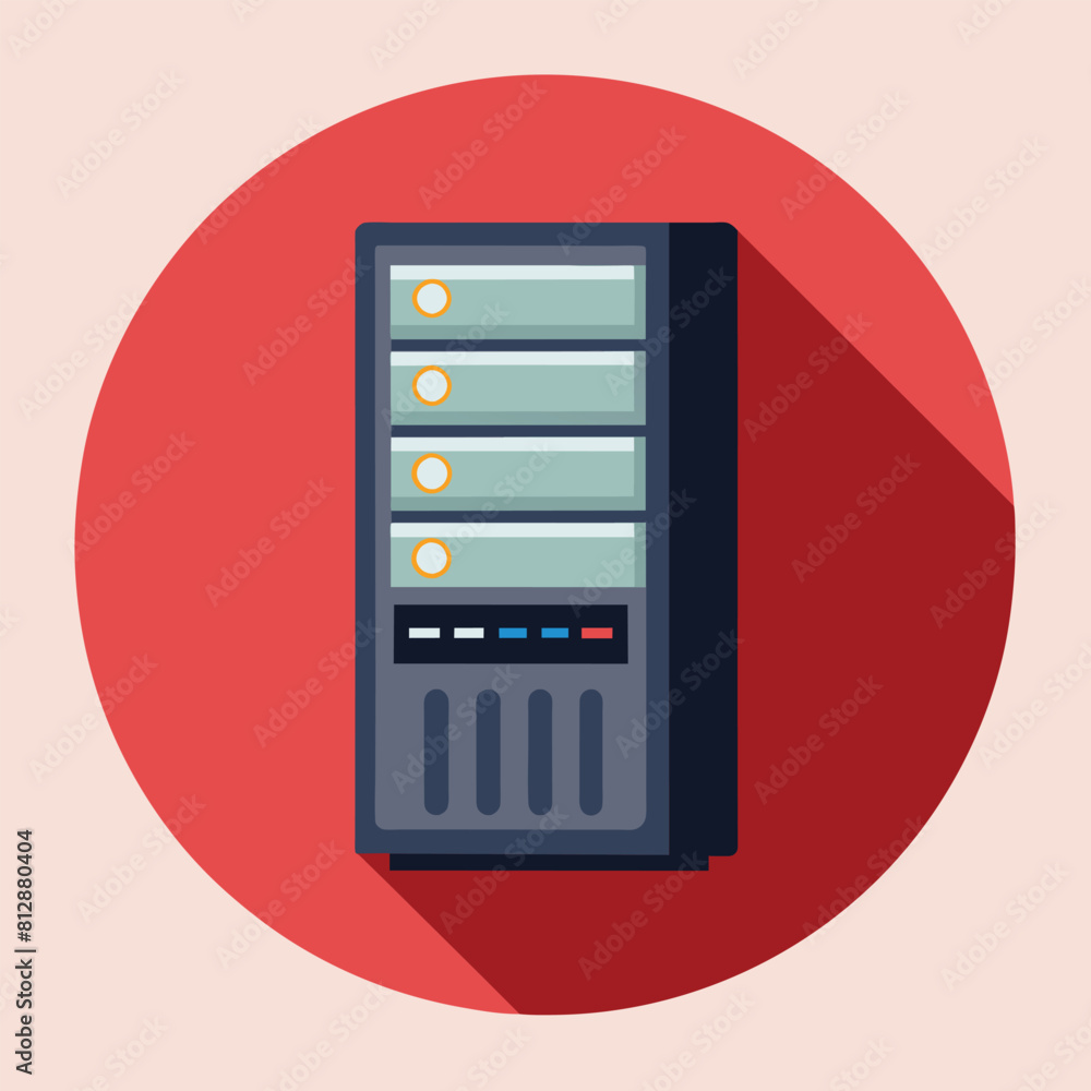 Poster flat icon of a server on a red circle, representing data processing, clean, minimalist icon of a com