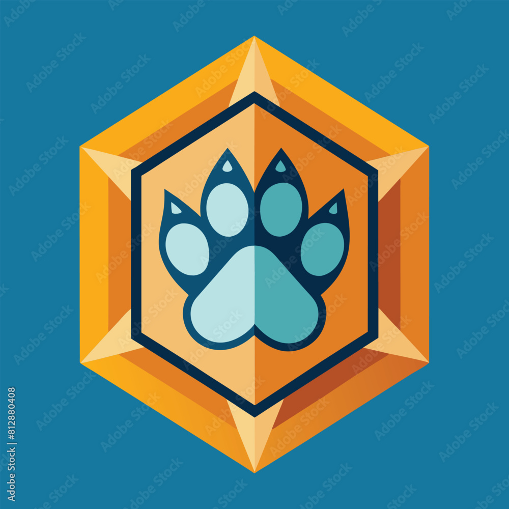 Poster a dogs paw is positioned at the center of a hexagonal object in a clean geometric design, clean, geo