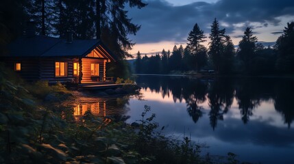 Fototapeta premium Dusk Tranquility A peaceful cabin viewed across a dusklit lake, top view, tranquil escape, advanced tone, Analogous Color Scheme