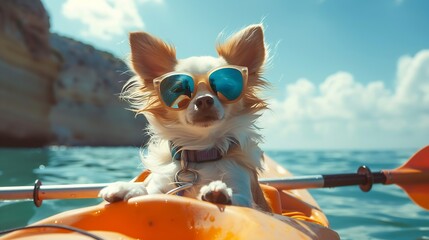 Cute Chihuahua dog wearing sunglasses on a Kayak at the ocean shore HDRVintage style : Generative AI