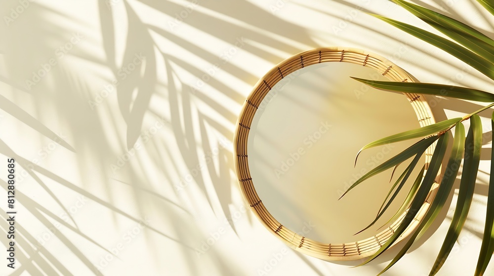 Aufkleber trendy summer layout made with bamboo round card on white background exotic shadow concept with copy