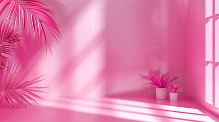 Obraz premium Abstract pink color gradient studio background for product presentation Empty room with shadows of window and flowers and palm leaves 3d room with copy space Summer concert Blurred ba : Generative AI