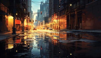 Evening Reflection  The reflection of evening lights on wet city streets, side view, reflective streets, cybernetic tone, Tetradic color scheme