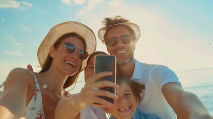 Happy family spending good time at the beach together taking selfie : Generative AI