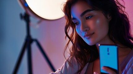 Sample photo gallery of beautiful woman shown on mobile phone : Generative AI