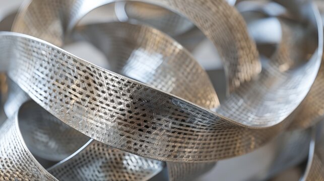 Close-up of a shiny silverlinky, flexible metal mesh tube.