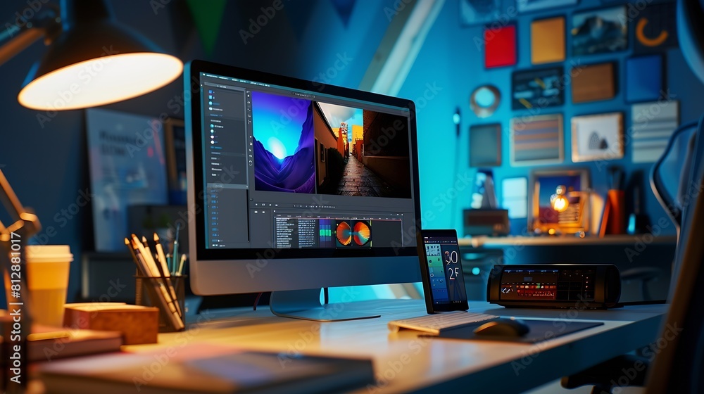 Poster Web design studio with promo page on computer display and copy space beside : Generative AI