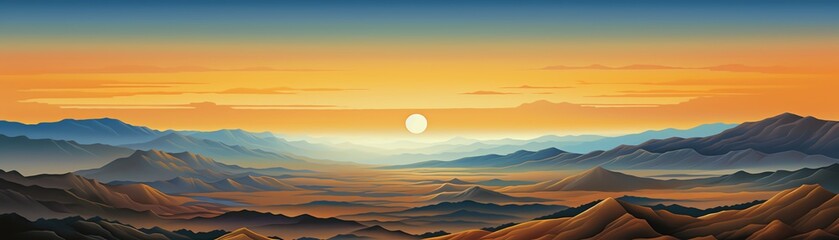 Fototapeta premium Golden Twilight A panoramic view of a golden twilight over rolling hills, side view, expansive beauty, robotic tone, Triadic Color Scheme