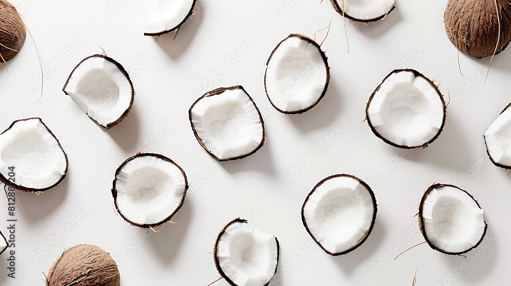 Poster creative layout made of coconut on white background flat lay food concept : generative ai