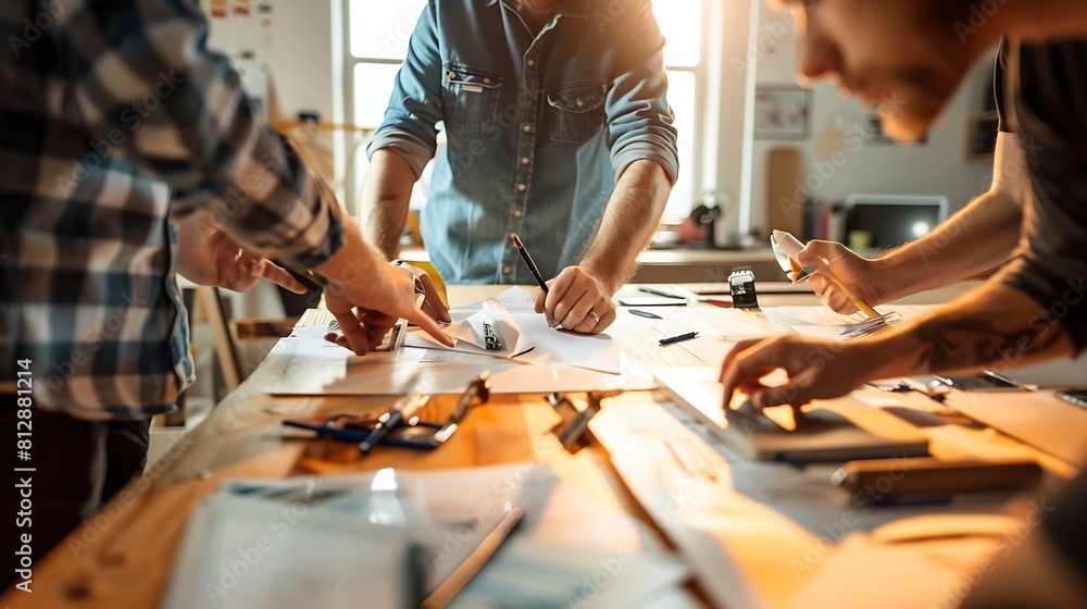 Aufkleber A team of web designers are working together to develop a mobile responsive website with UIUX front end design concepts A team of UxUi developers are working together at a wooden workb : Generative AI