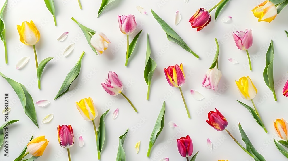 Poster Spring tulips Composition and creative layout made of colorful tulip flowers isolated on white background Top view flat lay Design element : Generative AI