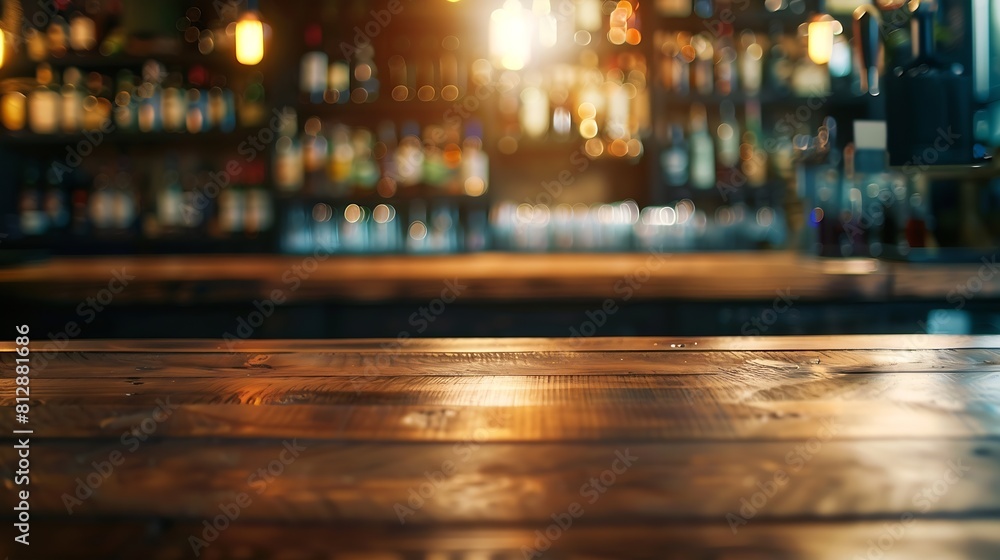 Aufkleber Empty wooden bar counter with defocused background and bottles of restaurant bar or cafeteria background for your product display : Generative AI