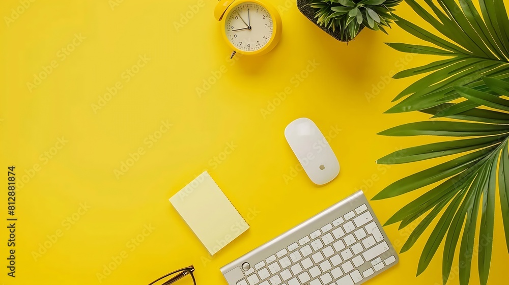Fototapete Office desk workspace on bright color yellow background Office table Work space layout with computer keyboard plant mouse notepad notes and copy space Top view office table with palm p : Generative AI
