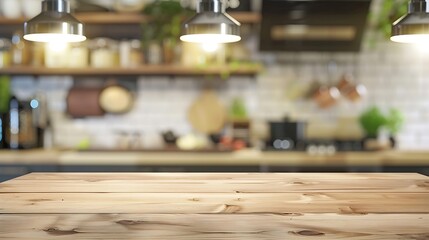 Wood table shelf on blur cooking kitchen backgroundFor montage product display or design key visual layoutKitchen and cooking conceptView of copy space : Generative AI
