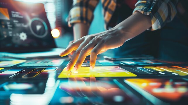 Brainstorm planing creative teamwork  Close up of hands mobile phone app developer team meeting about screen display prototype layout for smartphone ui ux concept : Generative AI