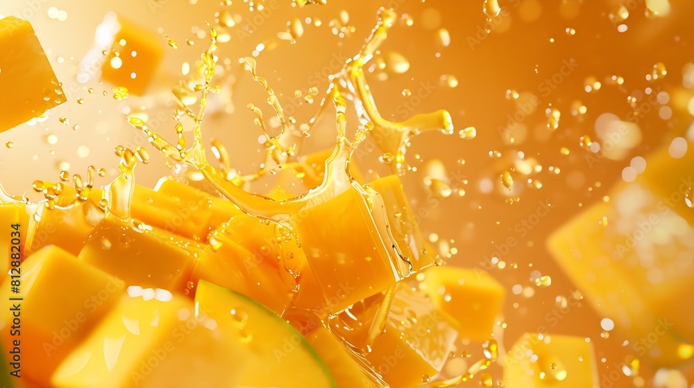 Aufkleber creative layout made from mango fruit with mango cubes and slices and splashing on a orange backgrou