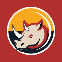 A modern logo featuring a rhino head enclosed in a circle, set against a vibrant red background, Craft a simple, modern logo that captures the essence of a rhinoceros