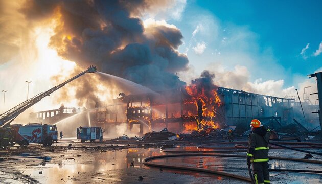 Fire accident at industry plant with sky background representing the severity of the explosion