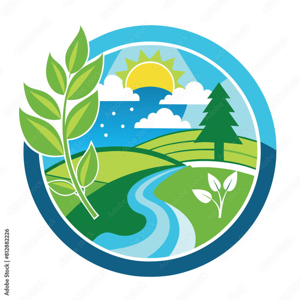 Poster a tree and a river encased within a circular frame, creating a natural and harmonious composition, c