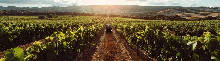 Amidst the serene beauty of a futuristic vineyard, a robotic vintner glides with expert care, tending to grapevines with precision and dedication.