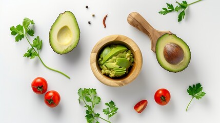 Top view round layout with Haas avocado and tomatoes with fresh greens and wooden mortar for cooking guacamole on white surface : Generative AI - Powered by Adobe