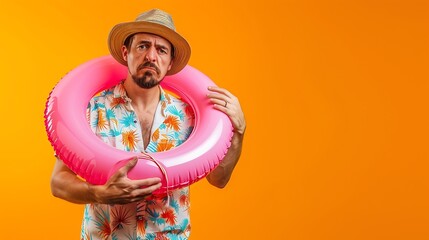 Young dissatisfied shocked tourist man wear beach shirt hat hold inflatable ring travel abroad on weekends isolated on plain orange background studio portrait Summer vacation sea rest  : Generative AI