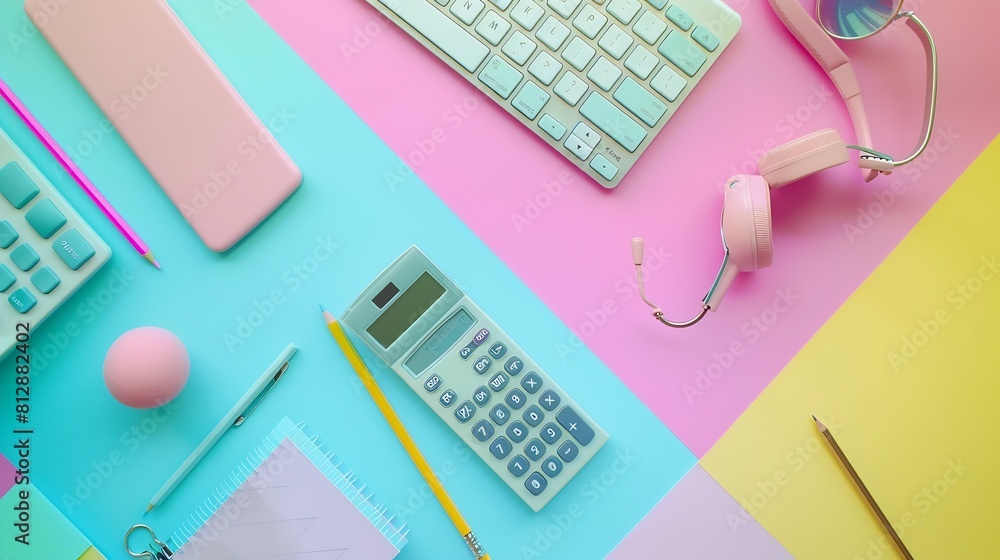 Aufkleber Office table desk with copy space calculator pencil paper ball earphone keyboard and office accessories on colorful background business and office supplies flat lay concept : Generative AI