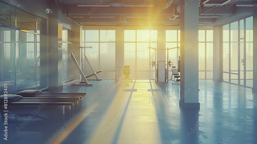 Poster sunshine fitness and empty gym for exercise workout and training sunlight room and a club for sports