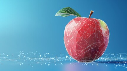 Low poly apple fruit with polygonal wireframe concept on blue background. AI generated image hyper realistic 