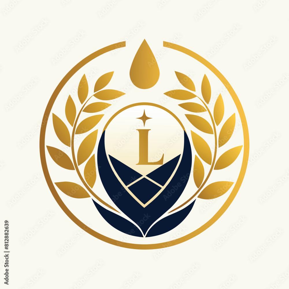 Poster refined logo featuring a gold and blue color scheme with a leaf element, create a clean and refined 
