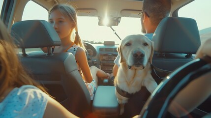 The whole family is driving for the weekend Mom and Dad with their daughter and a Labrador dog are...