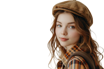 Pretty cute girl dressed stylish clothes going to university on isolated transparent background