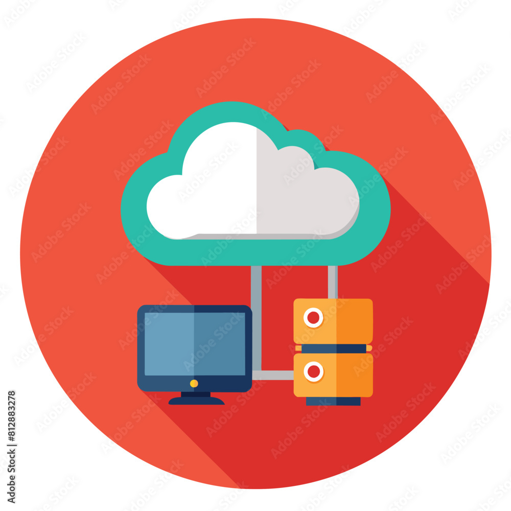Poster flat icon of a cloud symbol with a computer, representing cloud computing and technology concept, cr