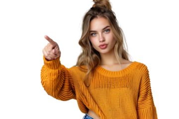 Confident woman dressed orange sweater pointing finger empty space on isolated transparent background