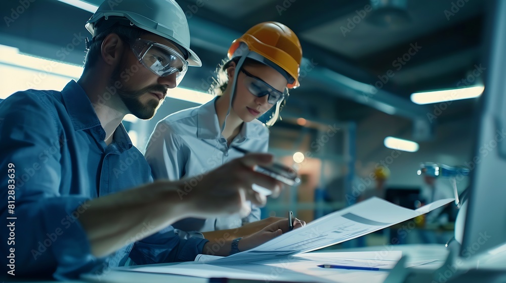 Poster Engineers discuss a blueprint while checking information on a tablet computer in a office : Generative AI
