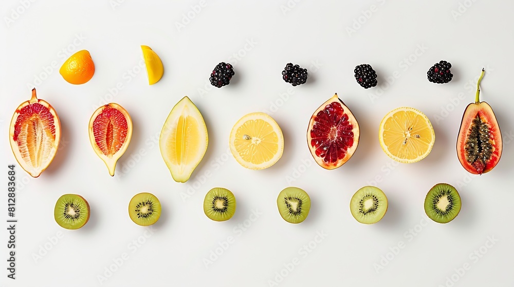 Aufkleber creative layout made of fruits flat lay strawberry figs peach grapefruit pineapple lemon kiwi raspbe