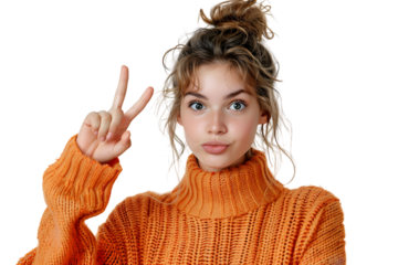 Confident woman dressed orange sweater pointing finger empty space on isolated transparent background