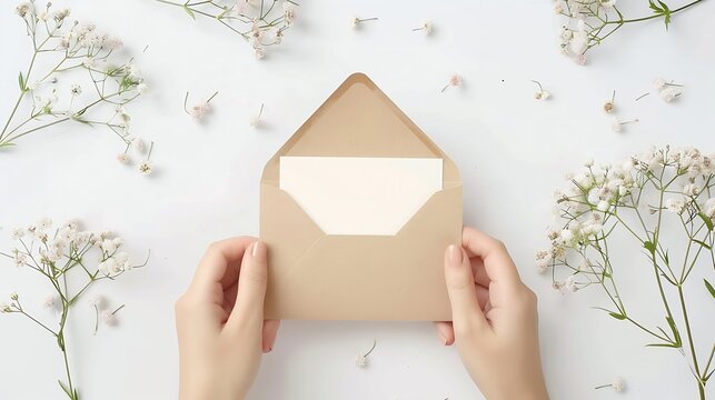 Womans hands holding kraft envelope with blank wedding invitation card Creative mock up layout on white background top view flat lay overhead Minimalistic womans desk flowers greeting  : Generative AI
