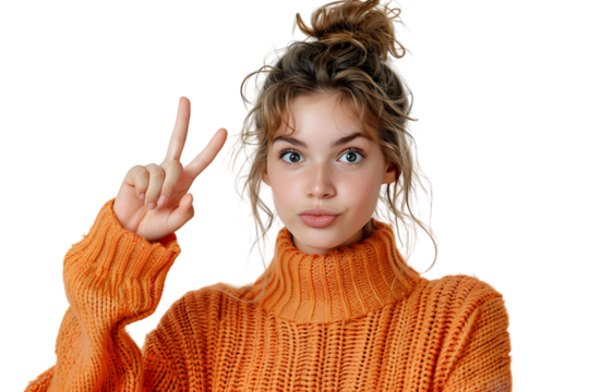 Confident woman dressed orange sweater pointing finger empty space on isolated transparent background