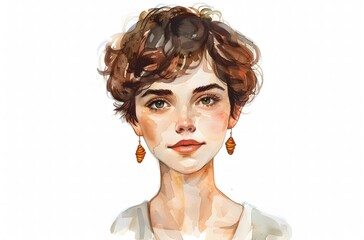 Watercolor portrait of a young Jewish woman with curly hair and earrings

