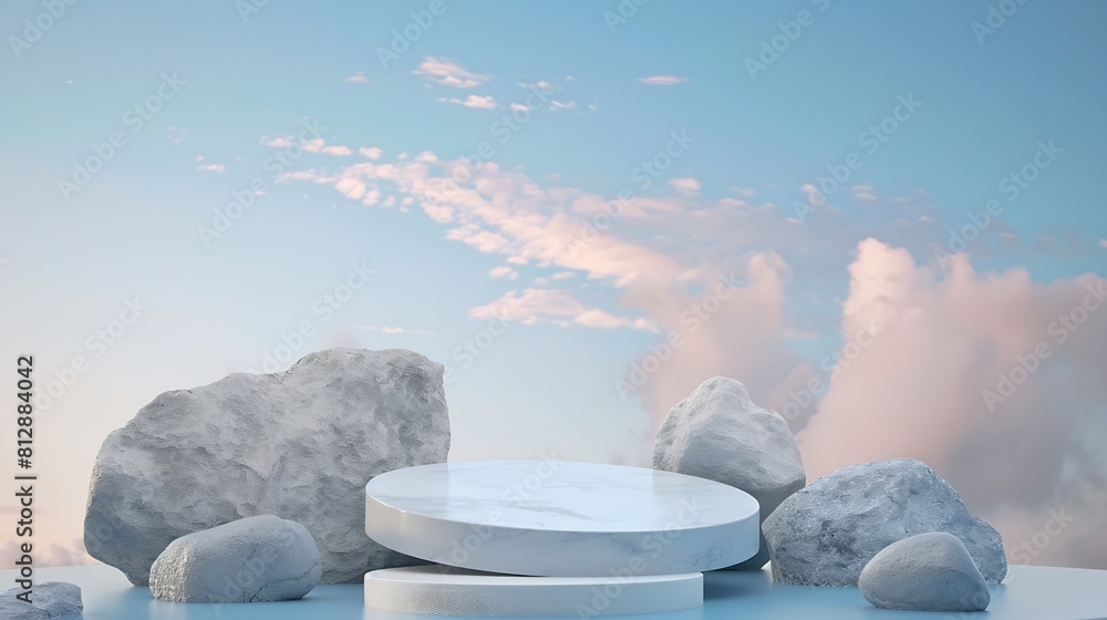 Poster natural podium backdrop for product display with sky background blank showcase mockup with natural e